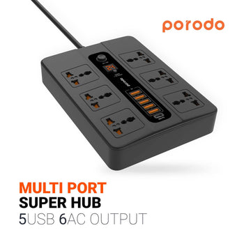 Porodo Multiport Socket - 6 AC 5 USB & USB-C PD - Black