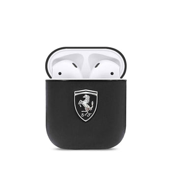 Ferrari PC Leather Black Shield Metal Logo case for Airpods 1/2