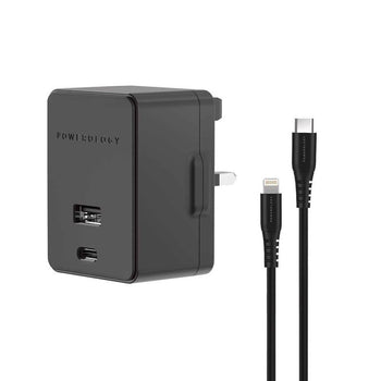 Powerology Dual Port Wall Charger with Type-C to Mfi Lighting Cable