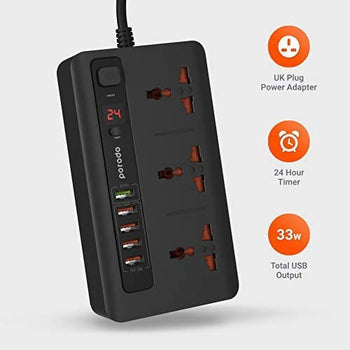 Porodo 4 USB Port 3.4A + 1 QC 3.0 with 3 Universal Power Sockets 10A