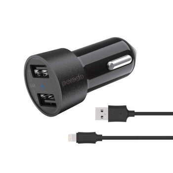 Porodo Dual USB Car Charger 3.4A with Lightning Cable - Black & White